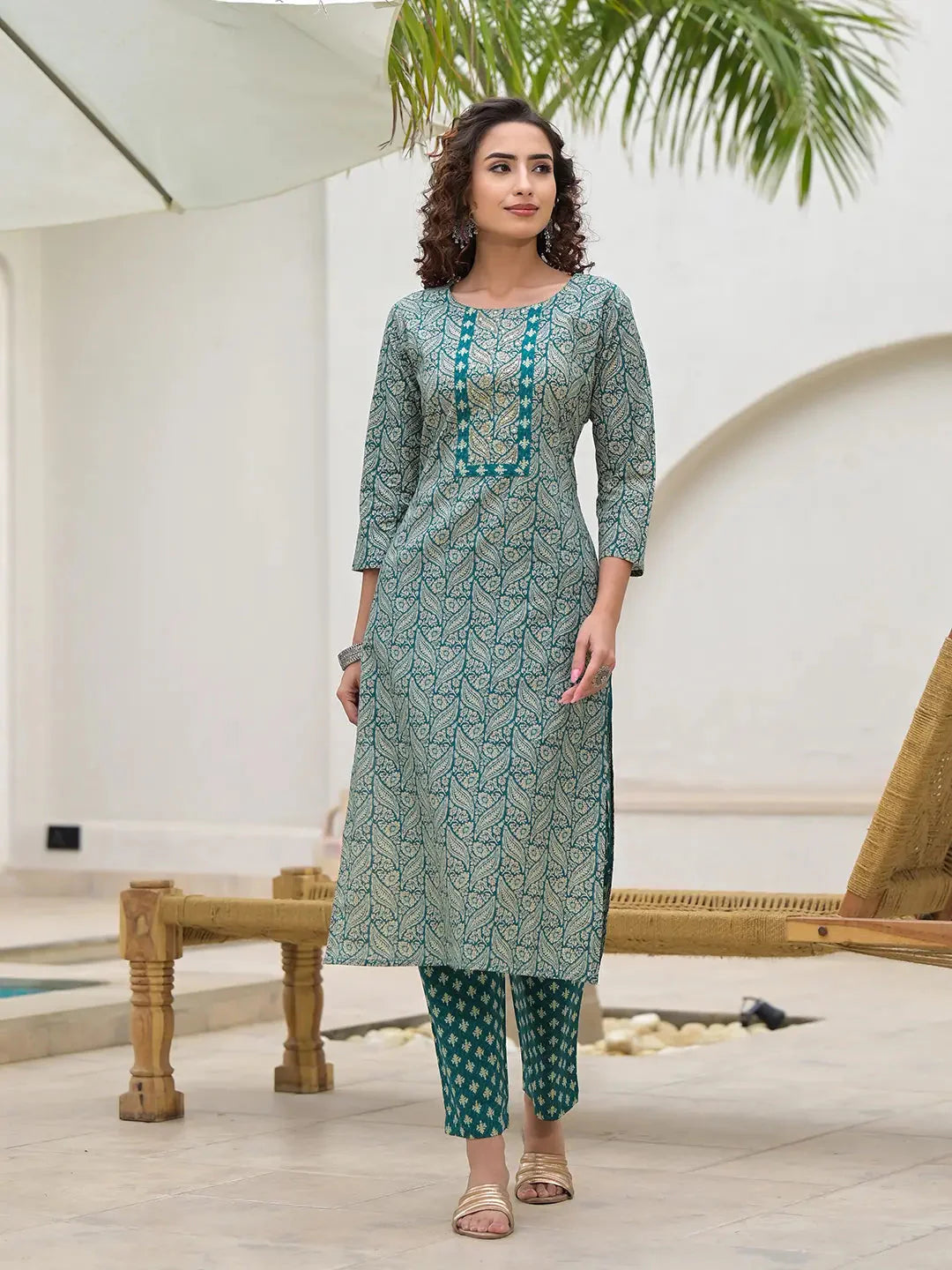 Teal-Green-Cotton-Embroidered-Printed-3-Piece-Kurta-Set