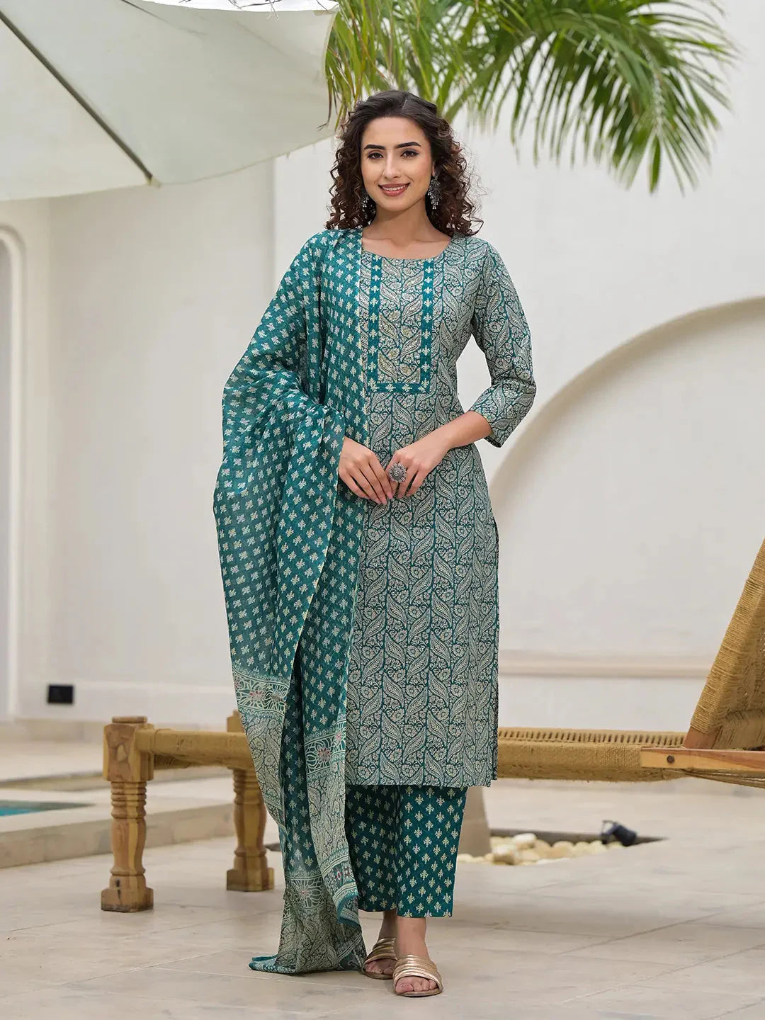 Teal-Green-Cotton-Embroidered-Printed-3-Piece-Kurta-Set