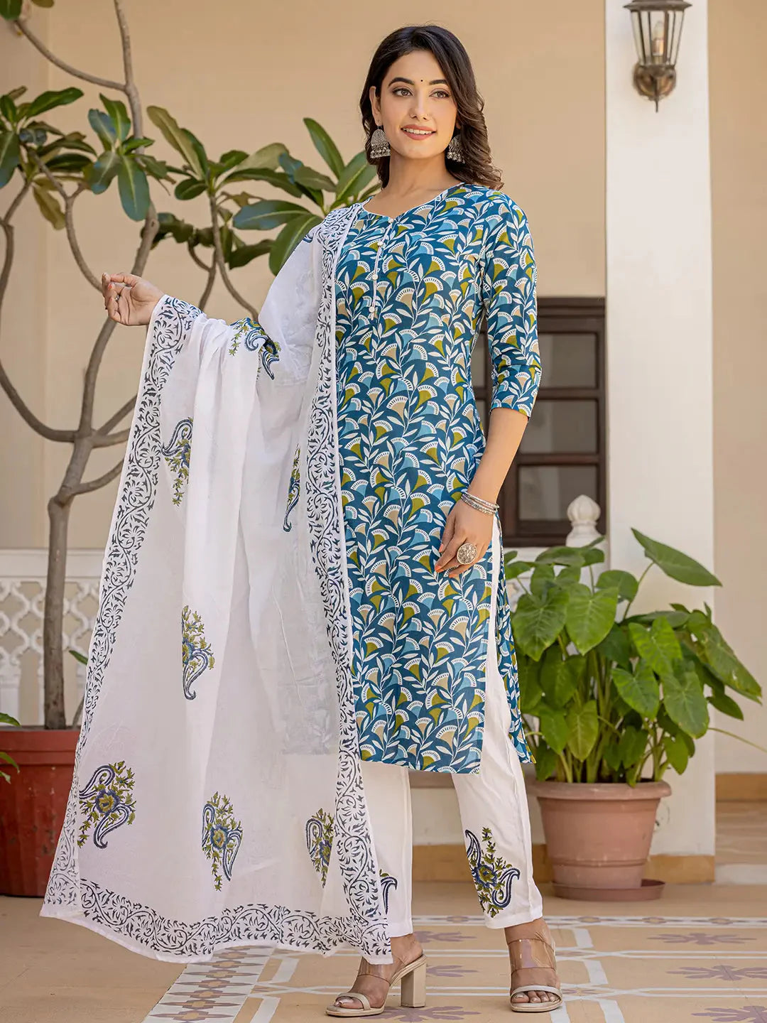 Turquoise-Blue-Cotton-Leaf-Print-Straight-3-Piece-Kurta-Set