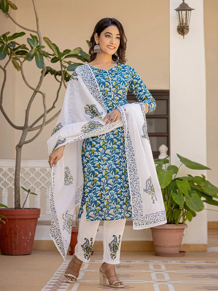 Turquoise-Blue-Cotton-Leaf-Print-Straight-3-Piece-Kurta-Set