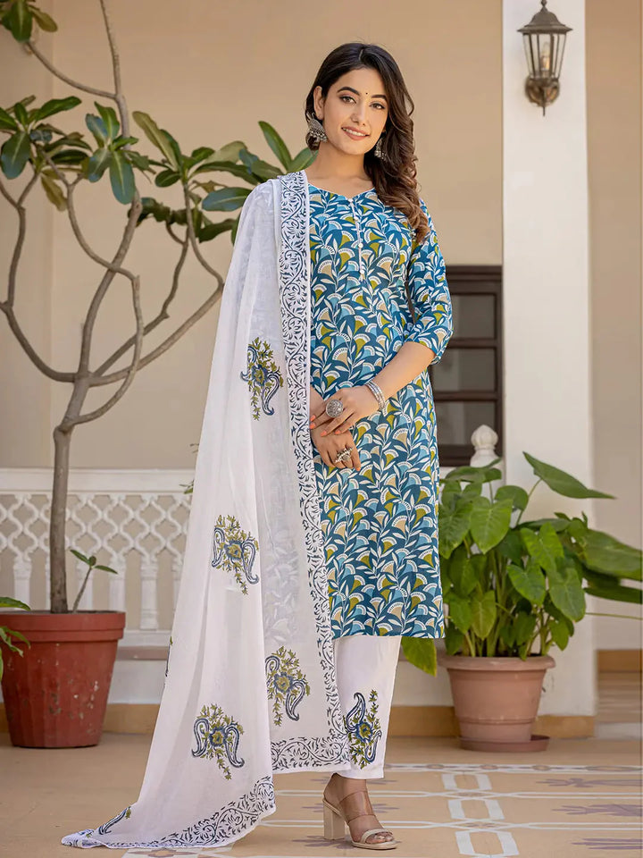 Turquoise-Blue-Cotton-Leaf-Print-Straight-3-Piece-Kurta-Set