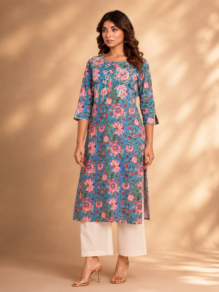 Blue Gota lace Cotton Kurta