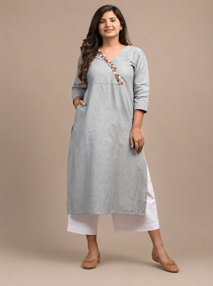 Grey Button Cotton Kurta