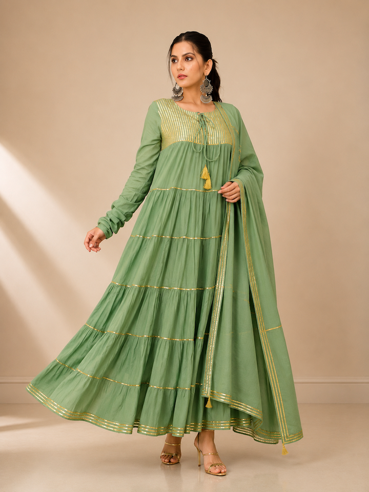 Sage Anarkali Dupatta Set