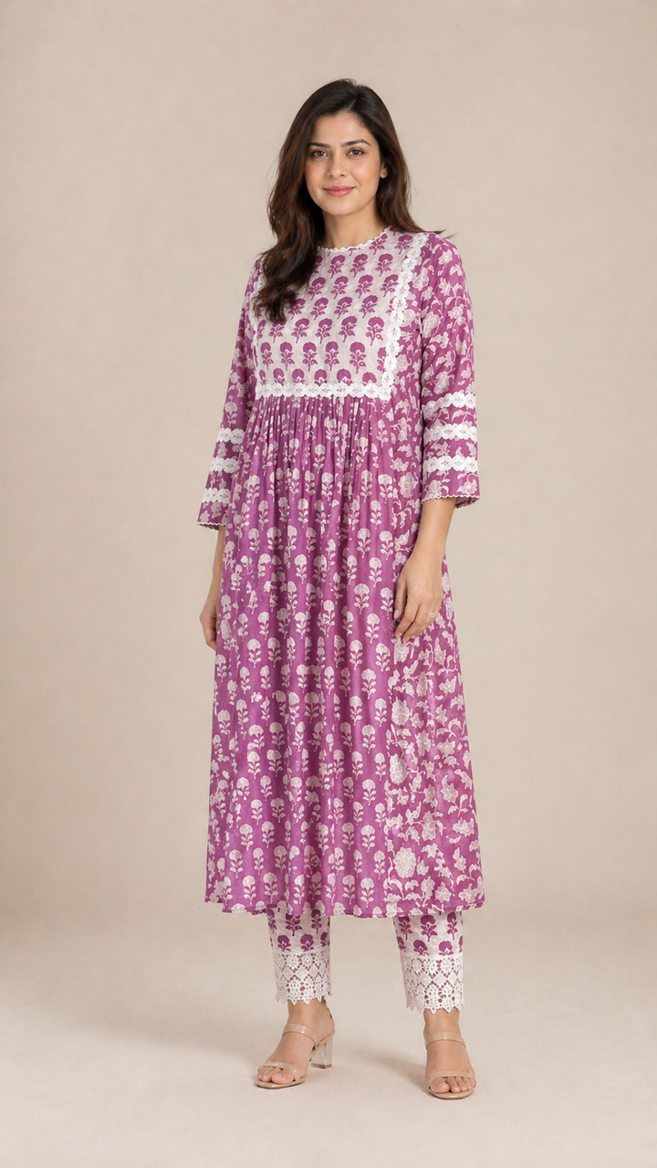 Mauve Floral Kurta Pant Set