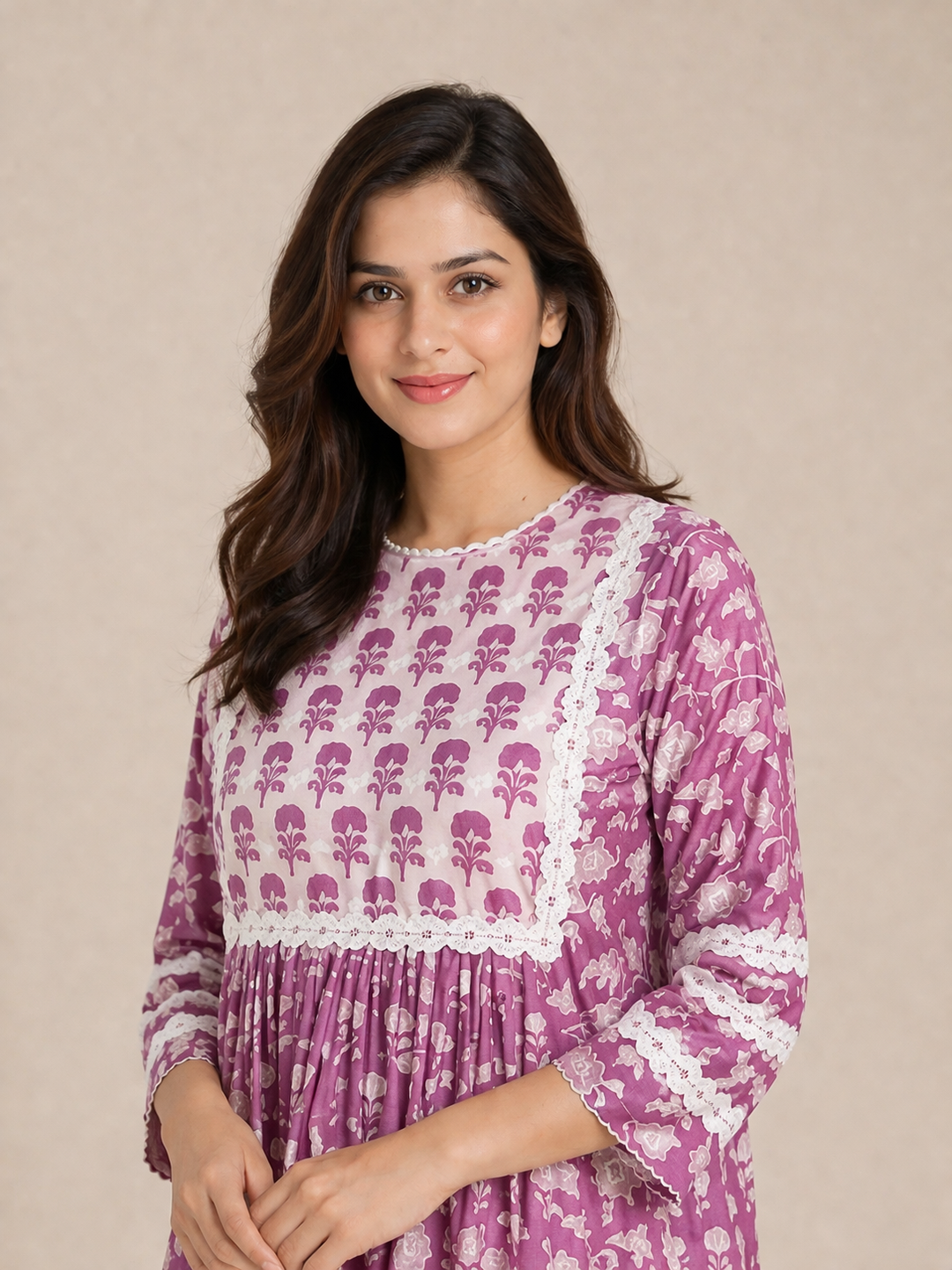 Mauve Floral Kurta Pant Set
