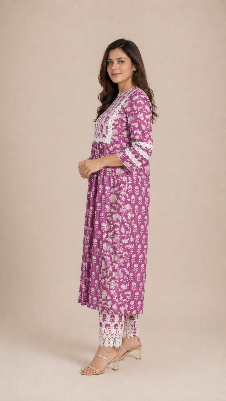 Mauve Floral Kurta Pant Set