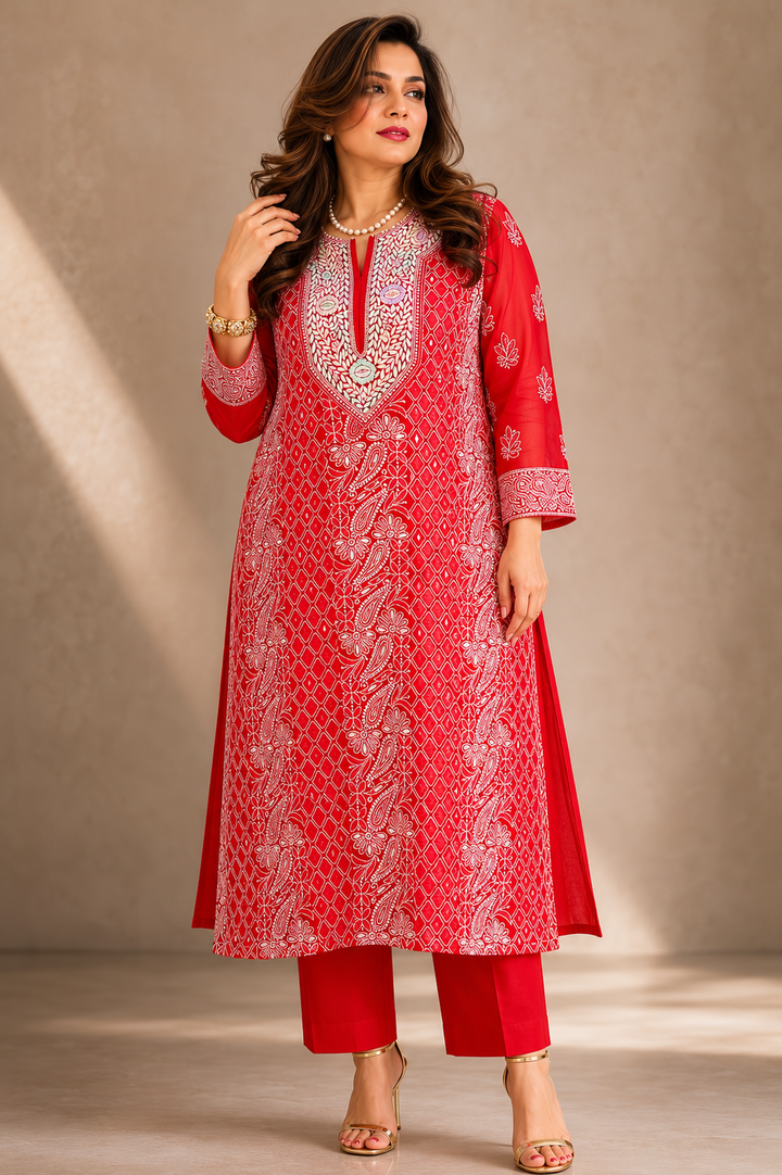Red Chikankari Parsi Georgette Kurta with Slip and Pants
