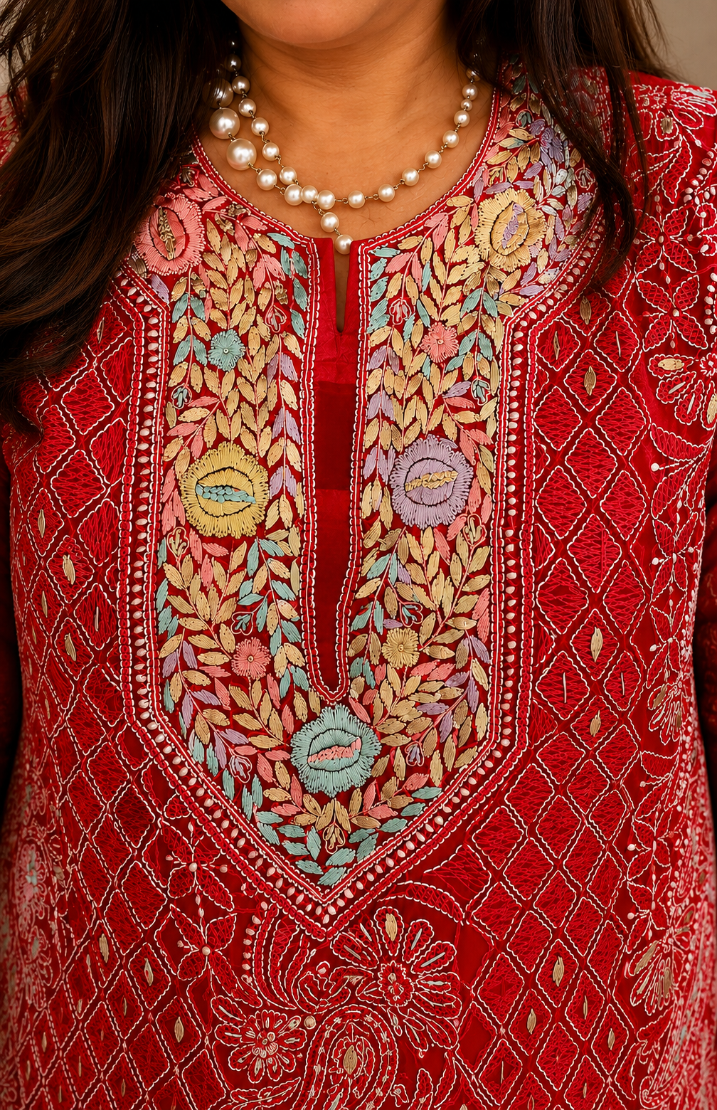Red Chikankari Parsi Georgette Kurta with Slip and Pants