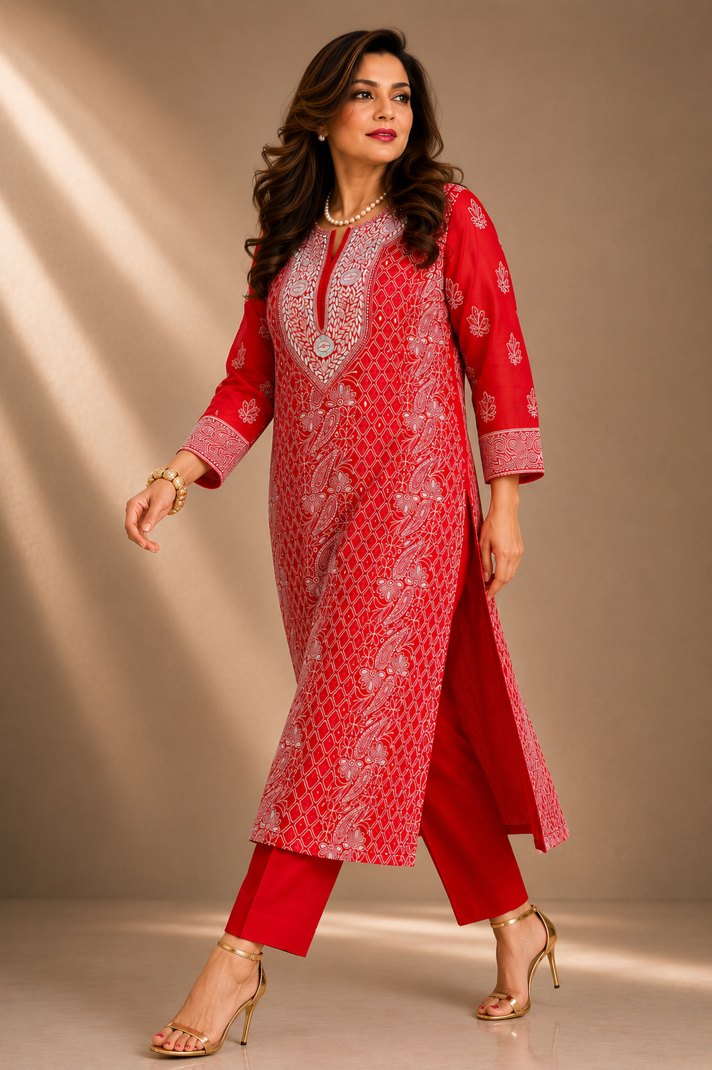 Red Chikankari Parsi Georgette Kurta with Slip and Pants