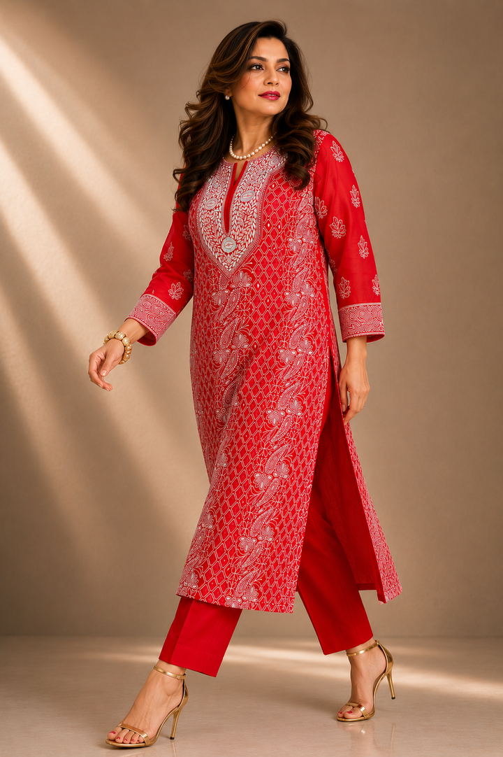 Red Chikankari Parsi Georgette Kurta with Slip and Pants