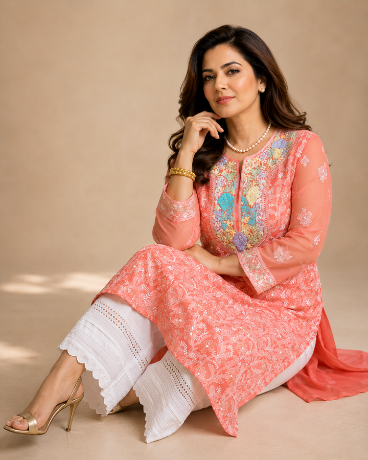 Peach Chikankari Parsi Georgette Kurta with slip