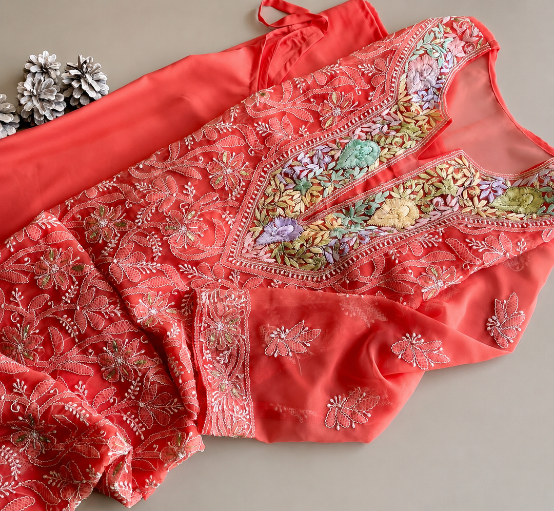 Peach Chikankari Parsi Georgette Kurta with slip
