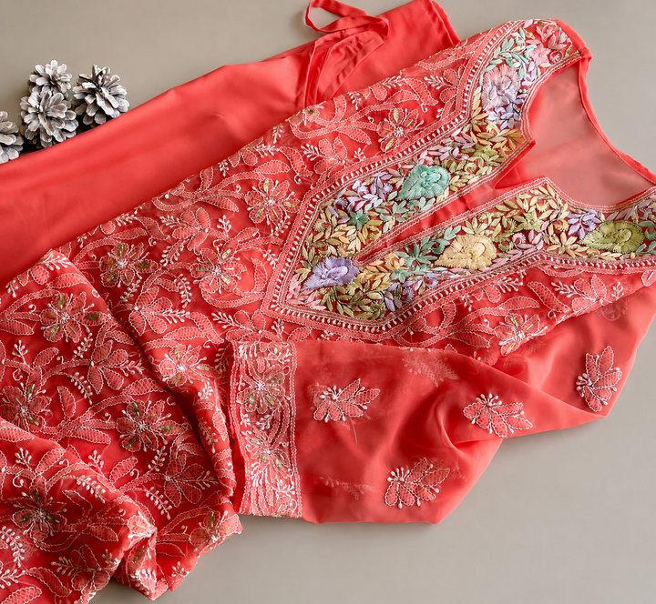 Peach Chikankari Parsi Georgette Kurta with slip