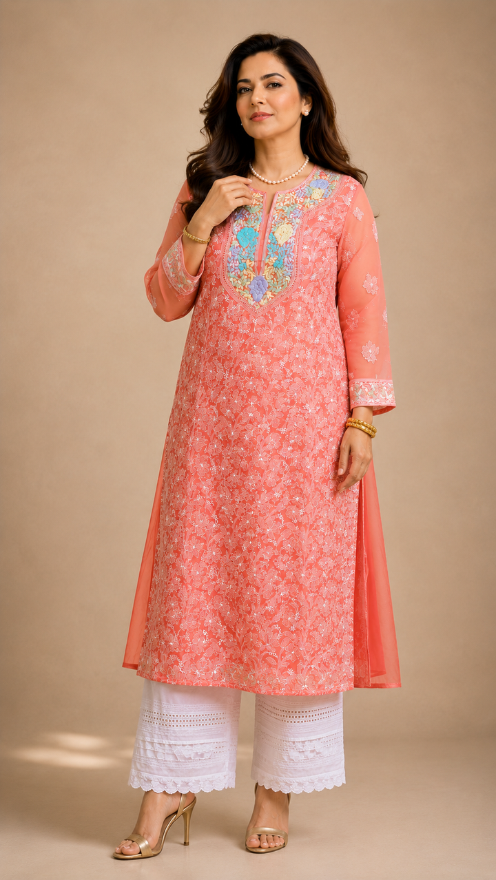 Peach Chikankari Parsi Georgette Kurta with slip
