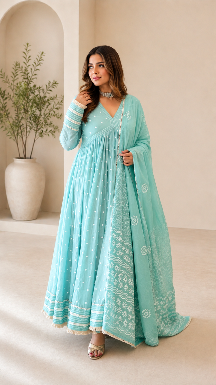 Aqua Mul Cotton Anarkali Set