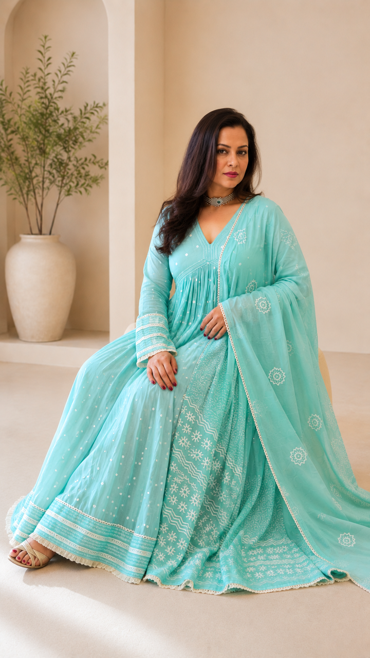 Aqua Mul Cotton Anarkali Set
