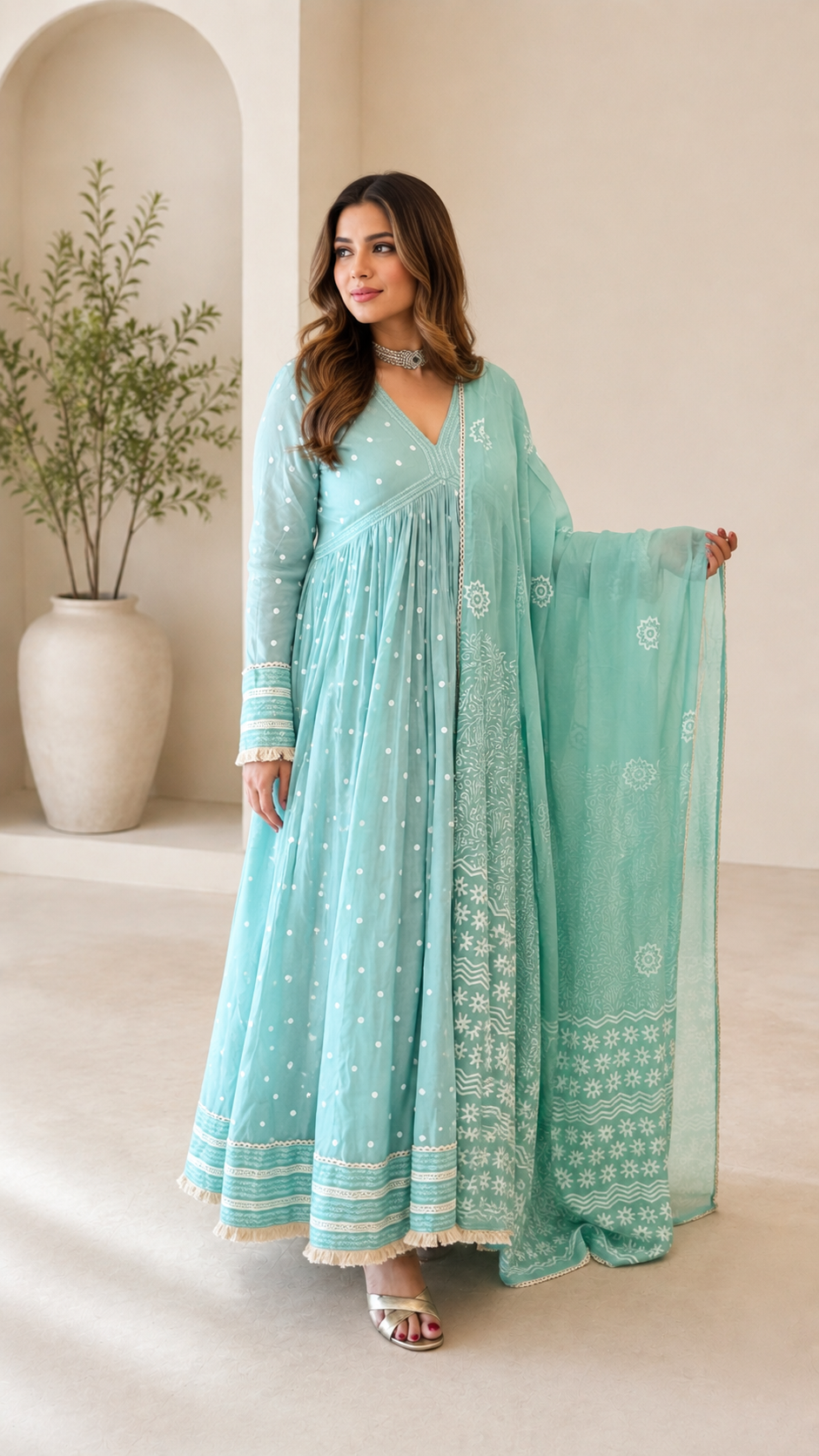 Aqua Mul Cotton Anarkali Set