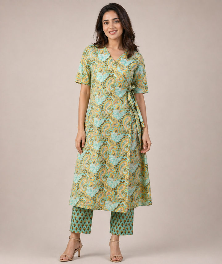 Citrus Floral Wraparound Kurta Pant Set