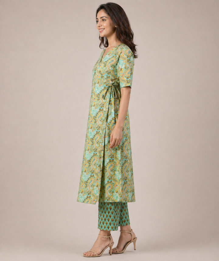 Citrus Floral Wraparound Kurta Pant Set