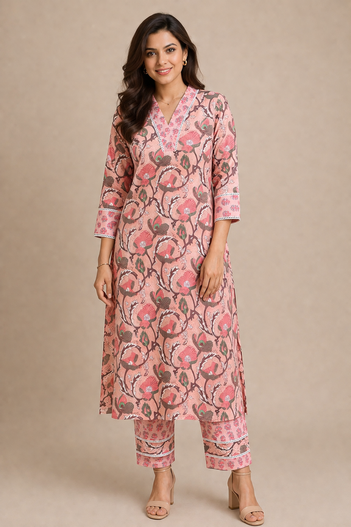 Powder Pink Floral Kurta Pant Set