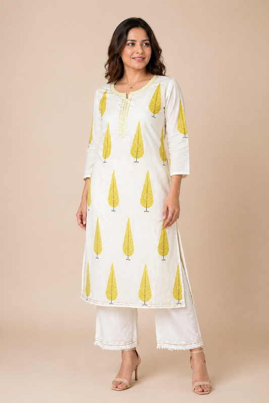 Ivory and Citrus Kurta Pant Set