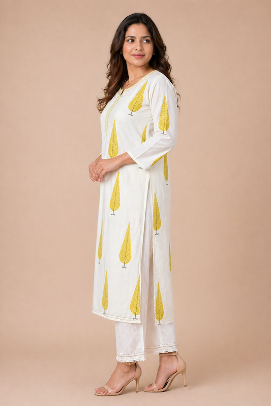 Ivory and Citrus Kurta Pant Set