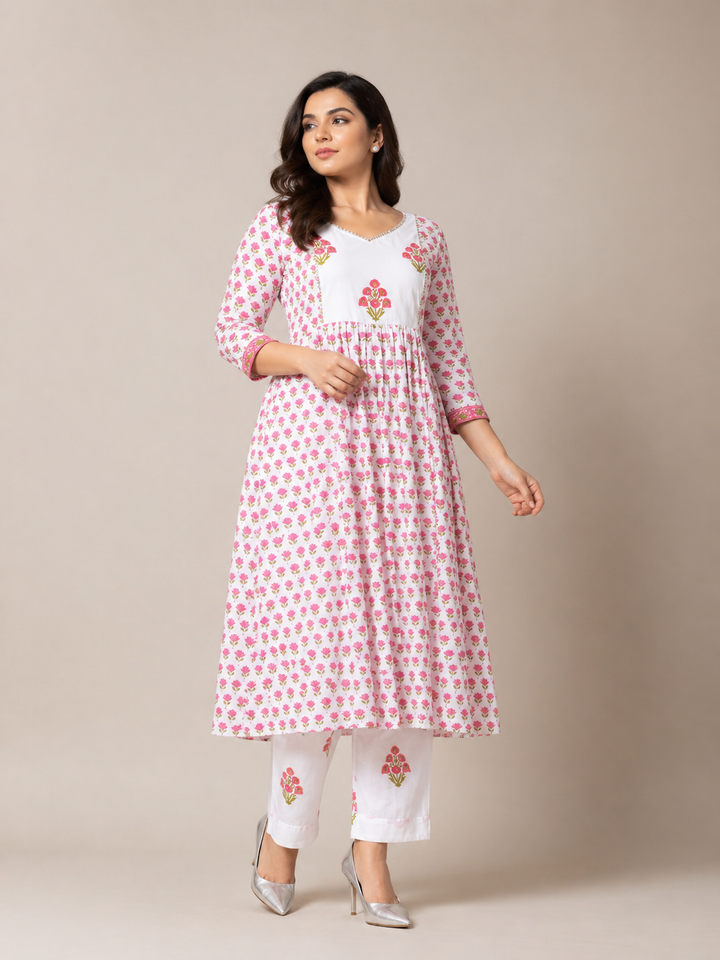 White and Pink Kurta Pant Set