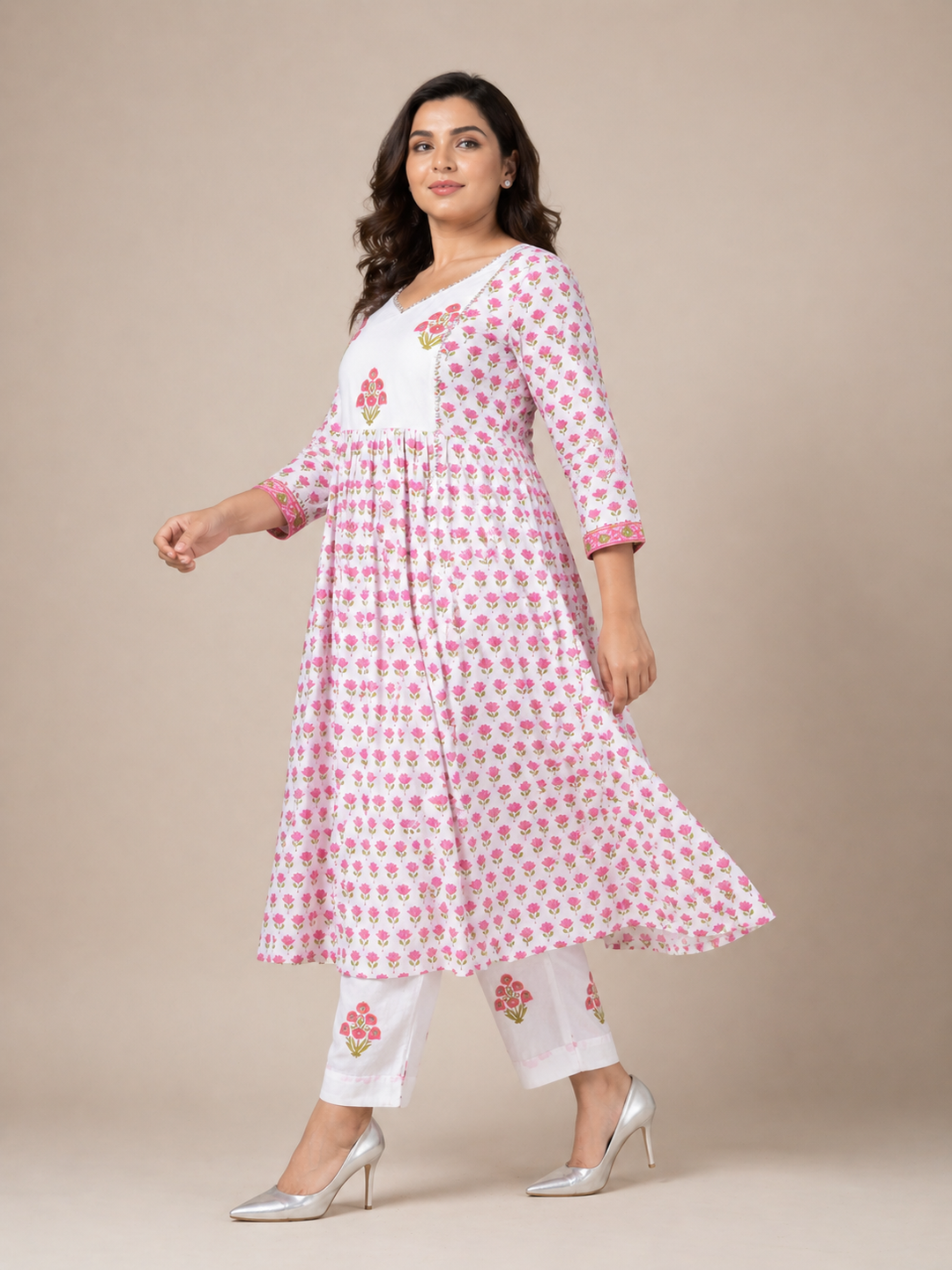 White and Pink Kurta Pant Set
