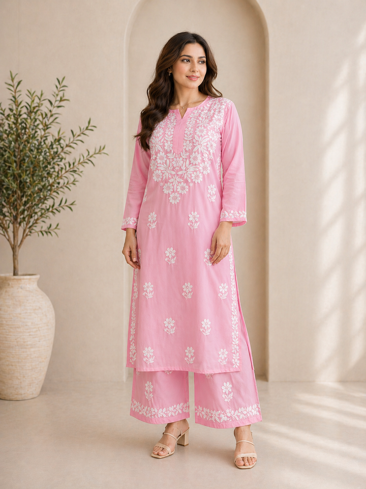 Powder Pink Chikankari Kurta Pant Set