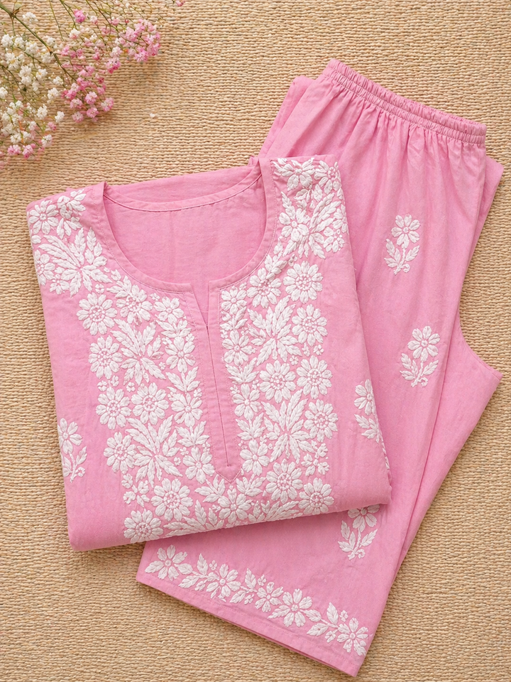 Powder Pink Chikankari Kurta Pant Set
