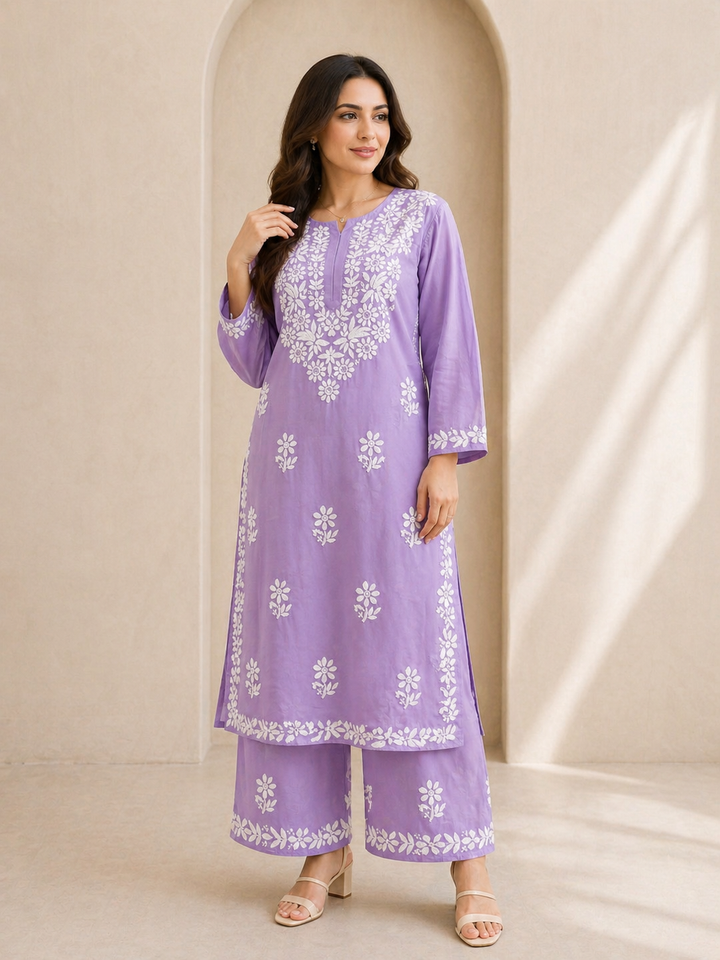 Lavendar Chikankari Kurta Pant Set