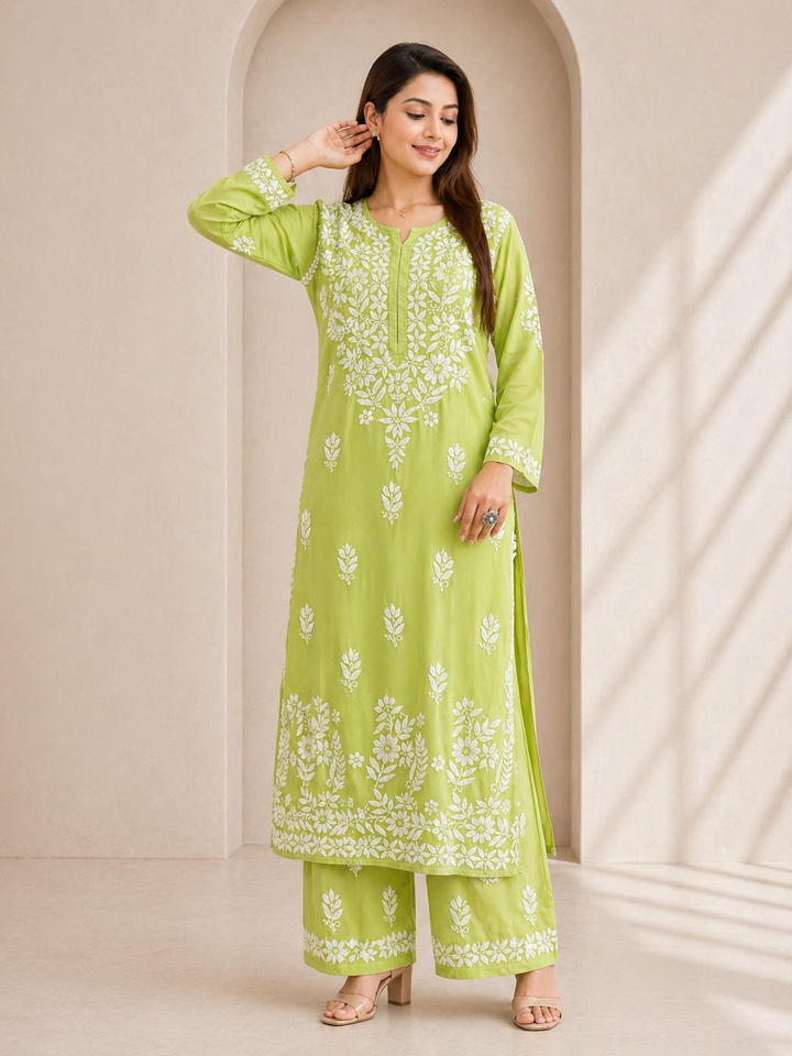 Green Apple Chikankari Kurta Pant Set