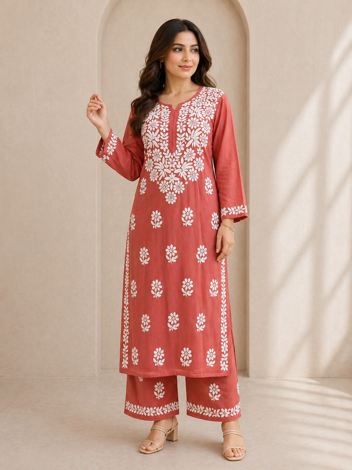 Coral Chikankari Kurta Pant Set