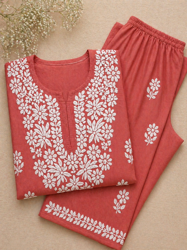 Coral Chikankari Kurta Pant Set