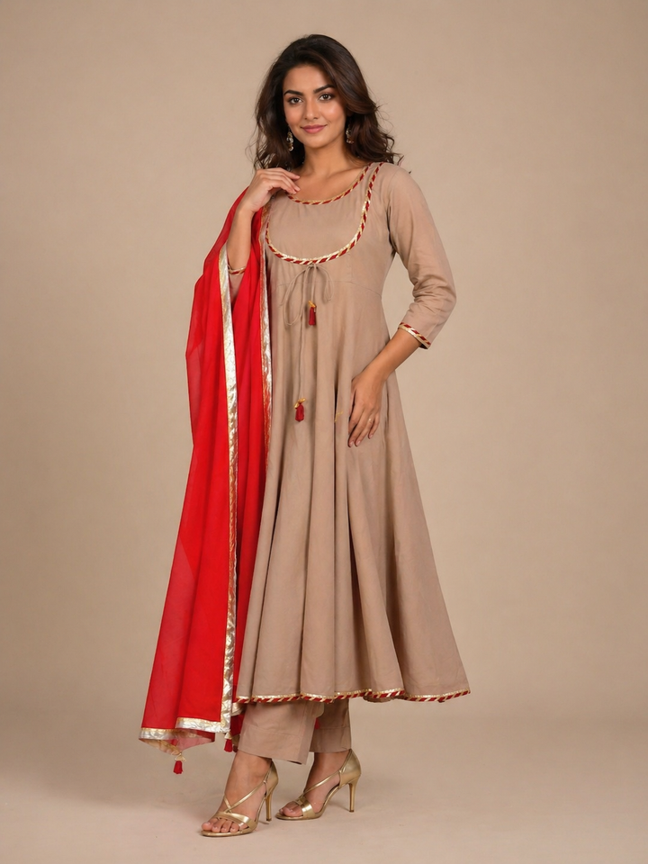 Sand Beige Aline Kurta Pant Dupatta Set