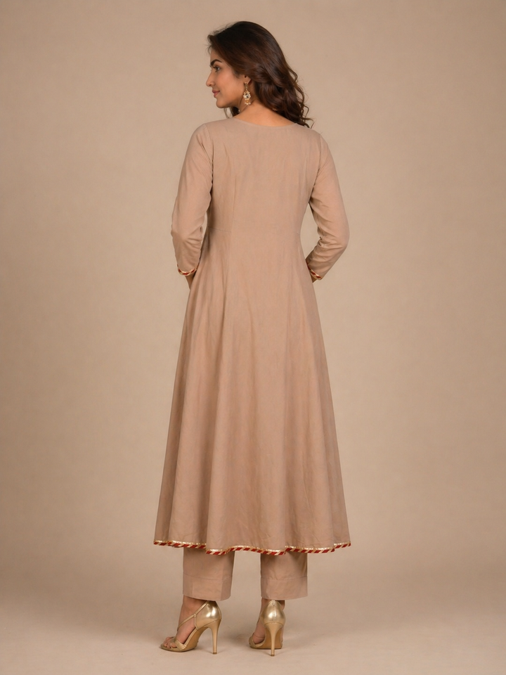 Sand Beige Aline Kurta Pant Dupatta Set
