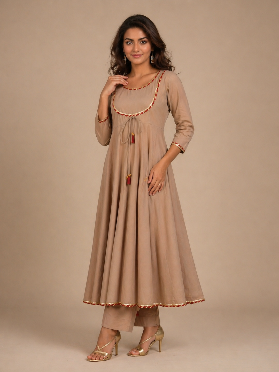 Sand Beige Aline Kurta Pant Dupatta Set
