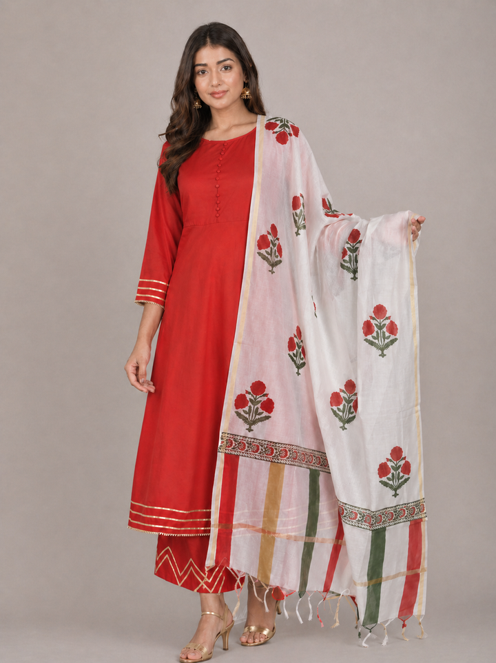 Red And Ivory Kurta Pant Dupatta Set