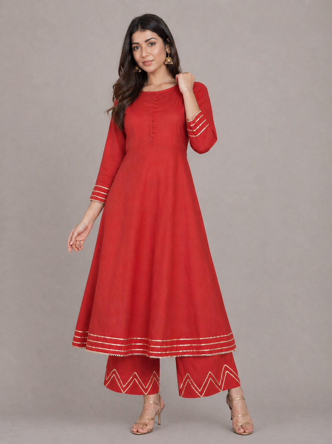 Red And Ivory Kurta Pant Dupatta Set