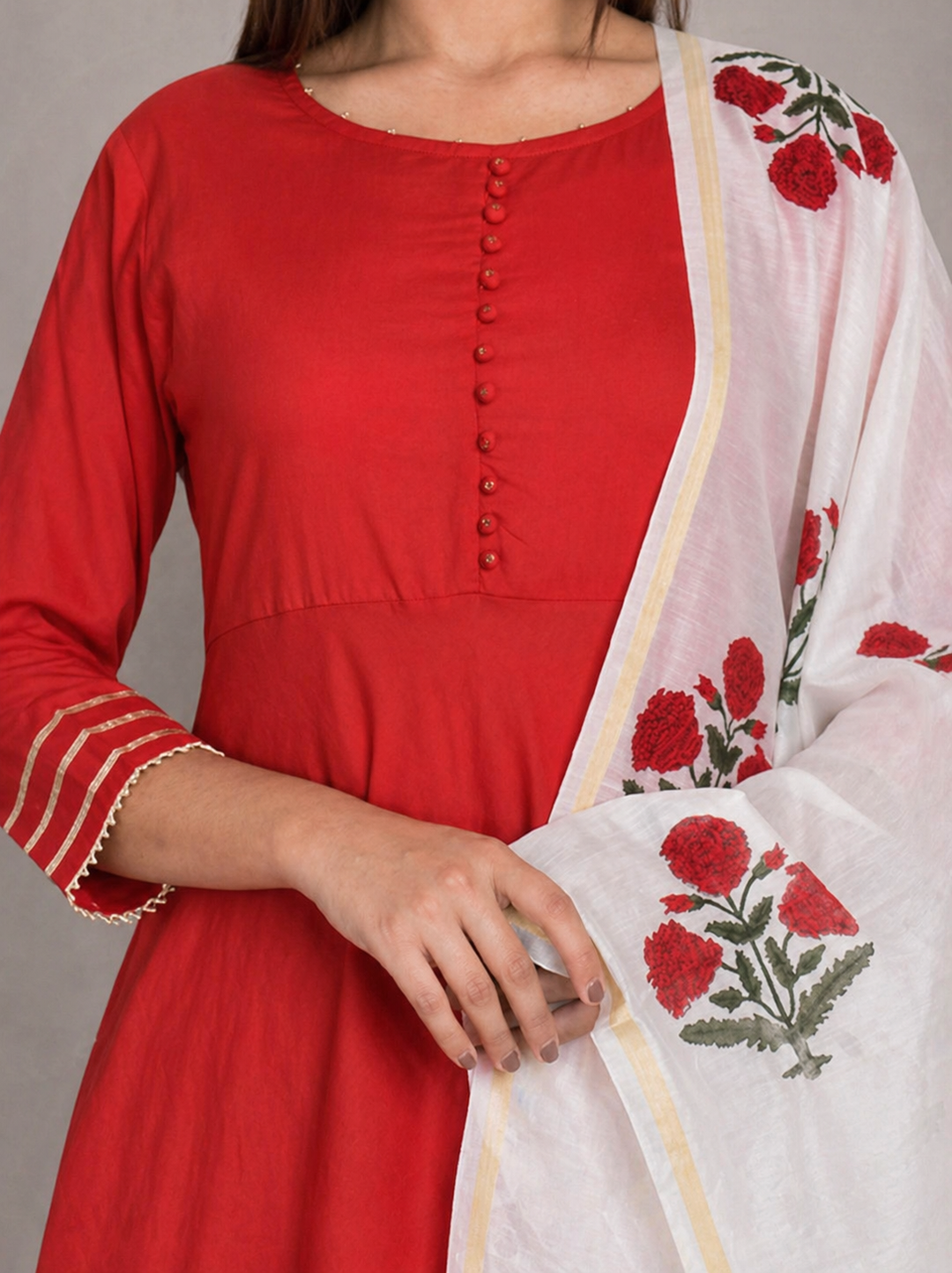 Red And Ivory Kurta Pant Dupatta Set