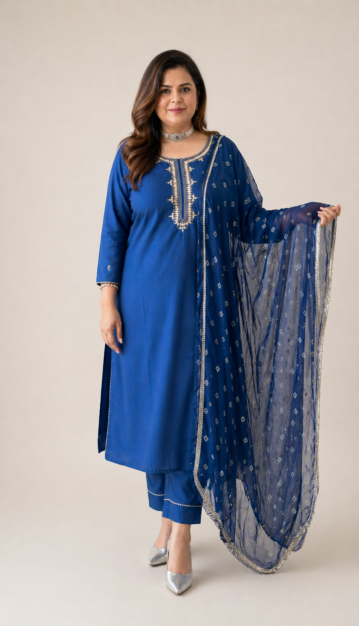 Royal Blue Chanderi Kurta Pant Dupatta Set