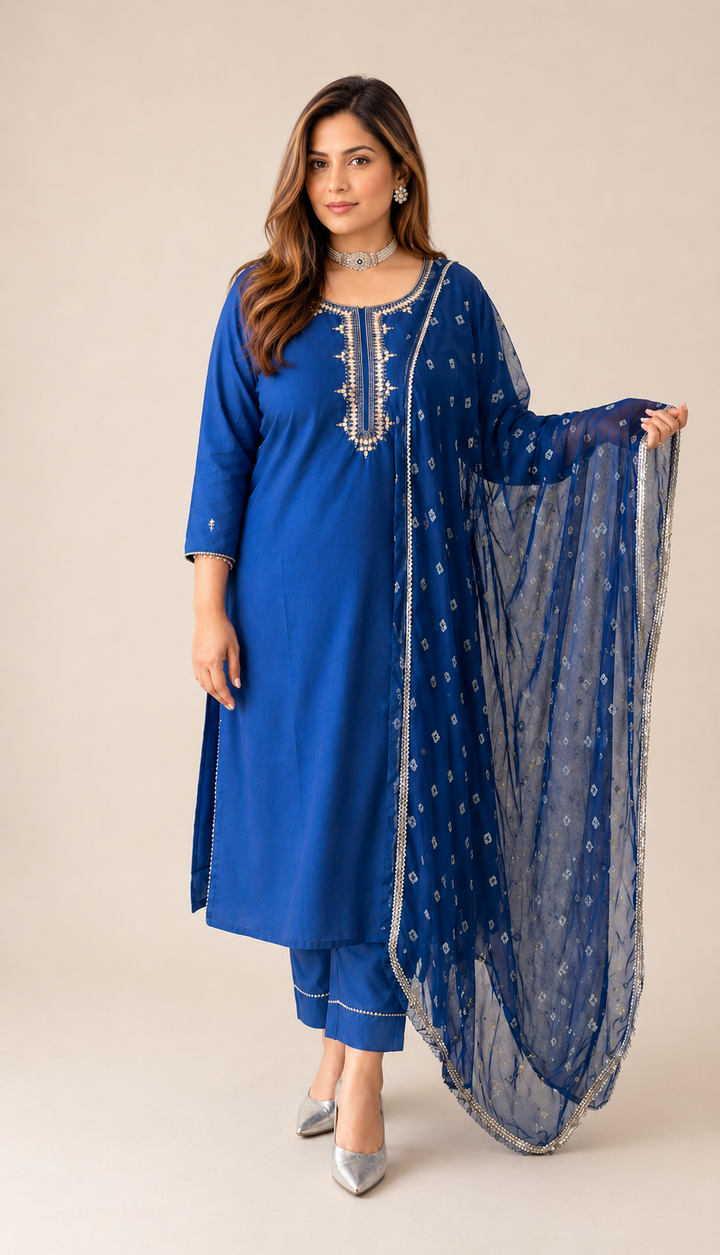 Royal Blue Chanderi Kurta Pant Dupatta Set