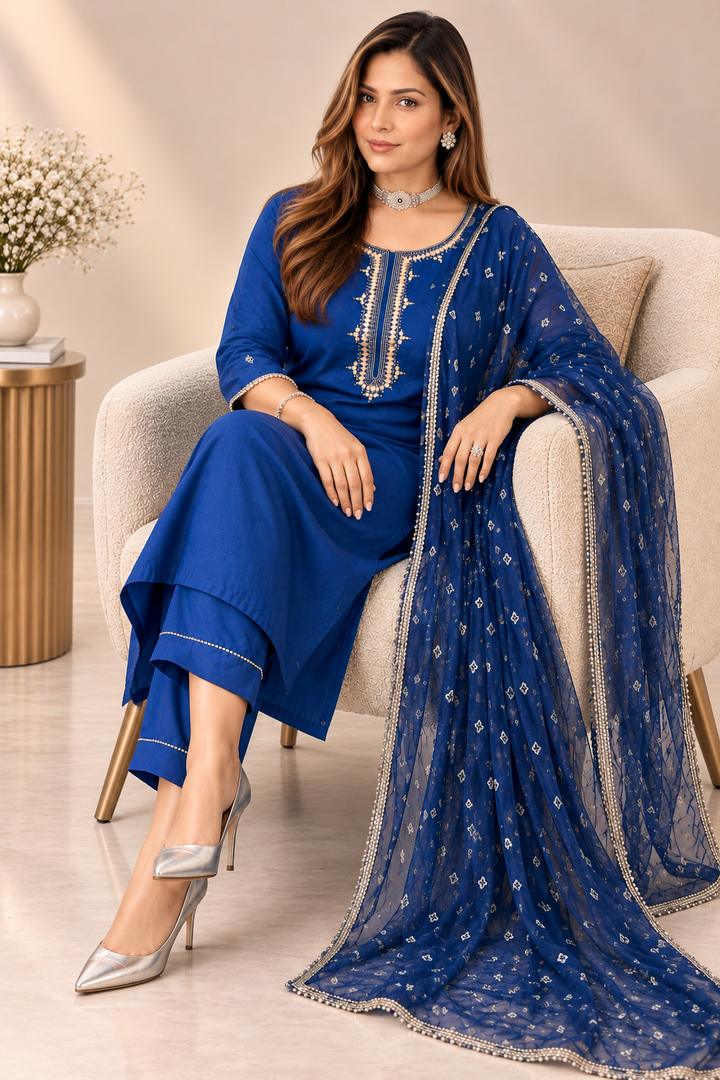 Royal Blue Chanderi Kurta Pant Dupatta Set
