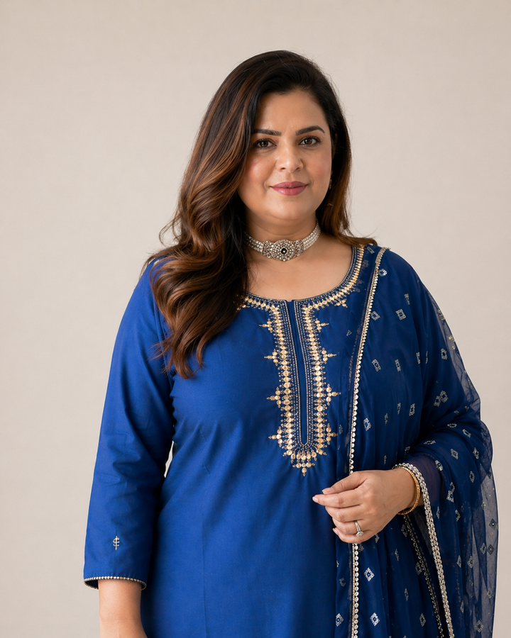 Royal Blue Chanderi Kurta Pant Dupatta Set