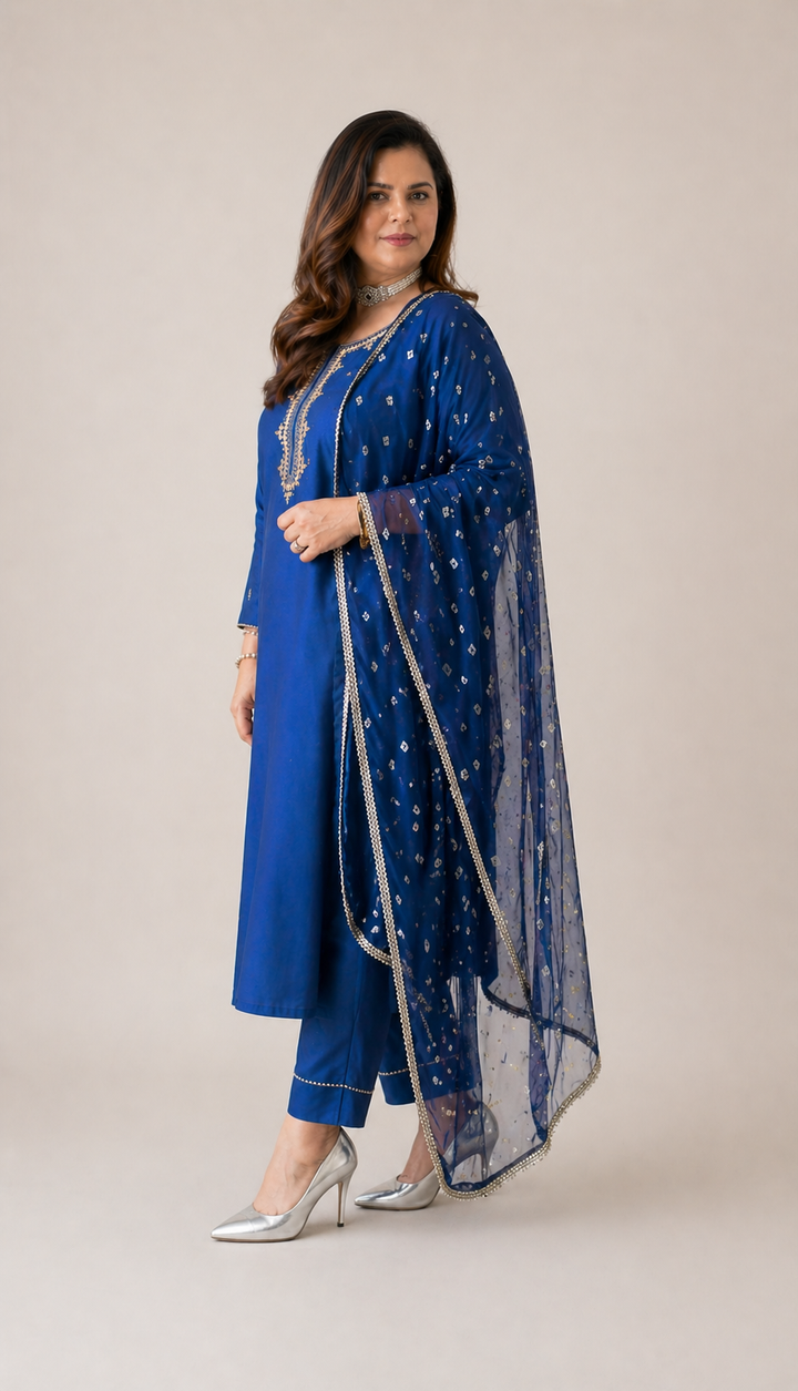 Royal Blue Chanderi Kurta Pant Dupatta Set