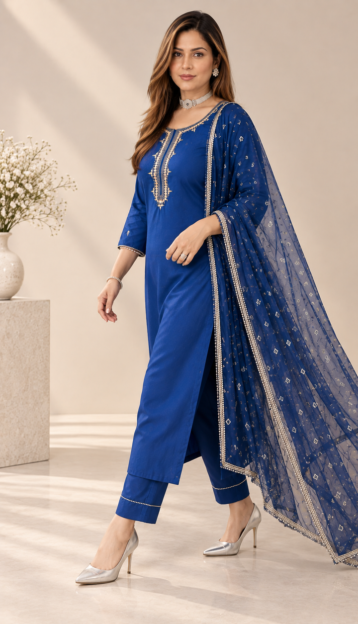 Royal Blue Chanderi Kurta Pant Dupatta Set