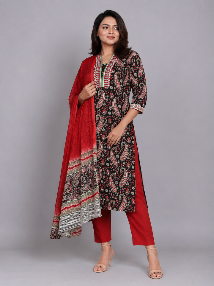 Black & Red Chiffon Dupatta Set