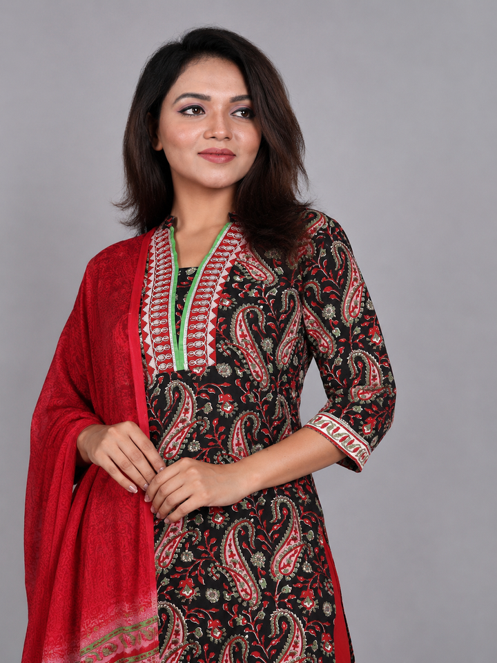 Black & Red Chiffon Dupatta Set
