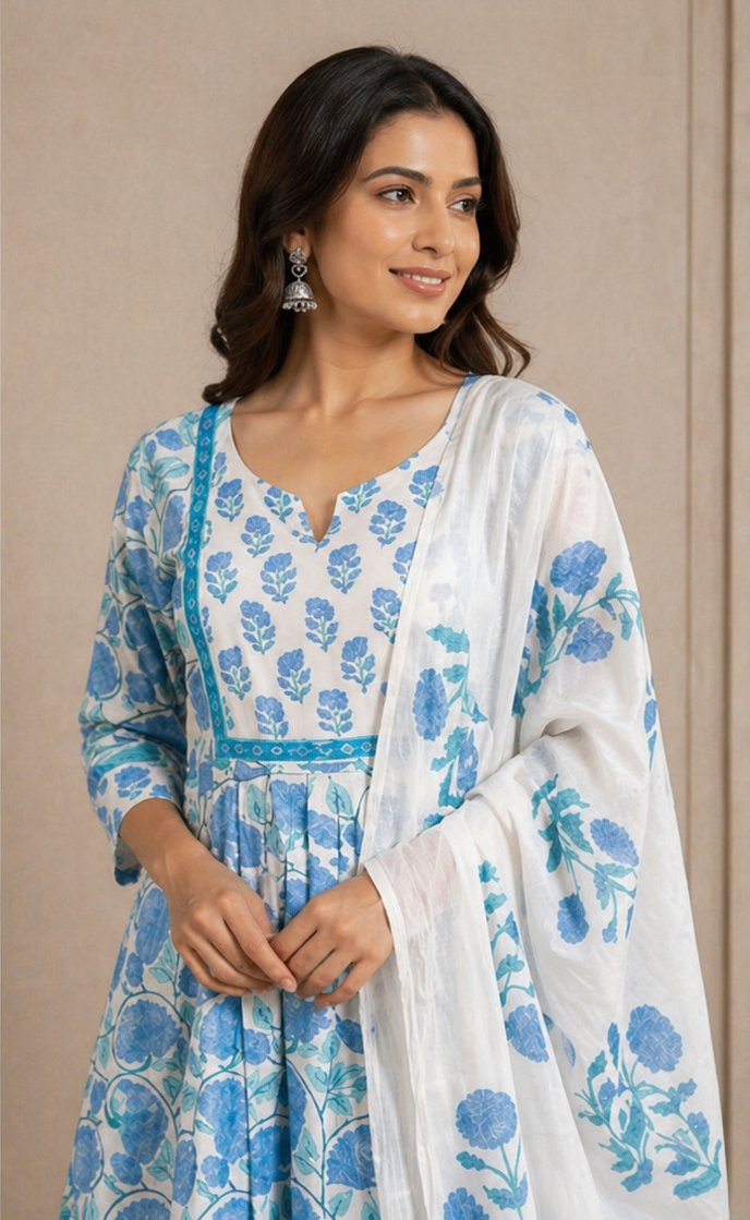 SkyBlue block printed Dupatta set